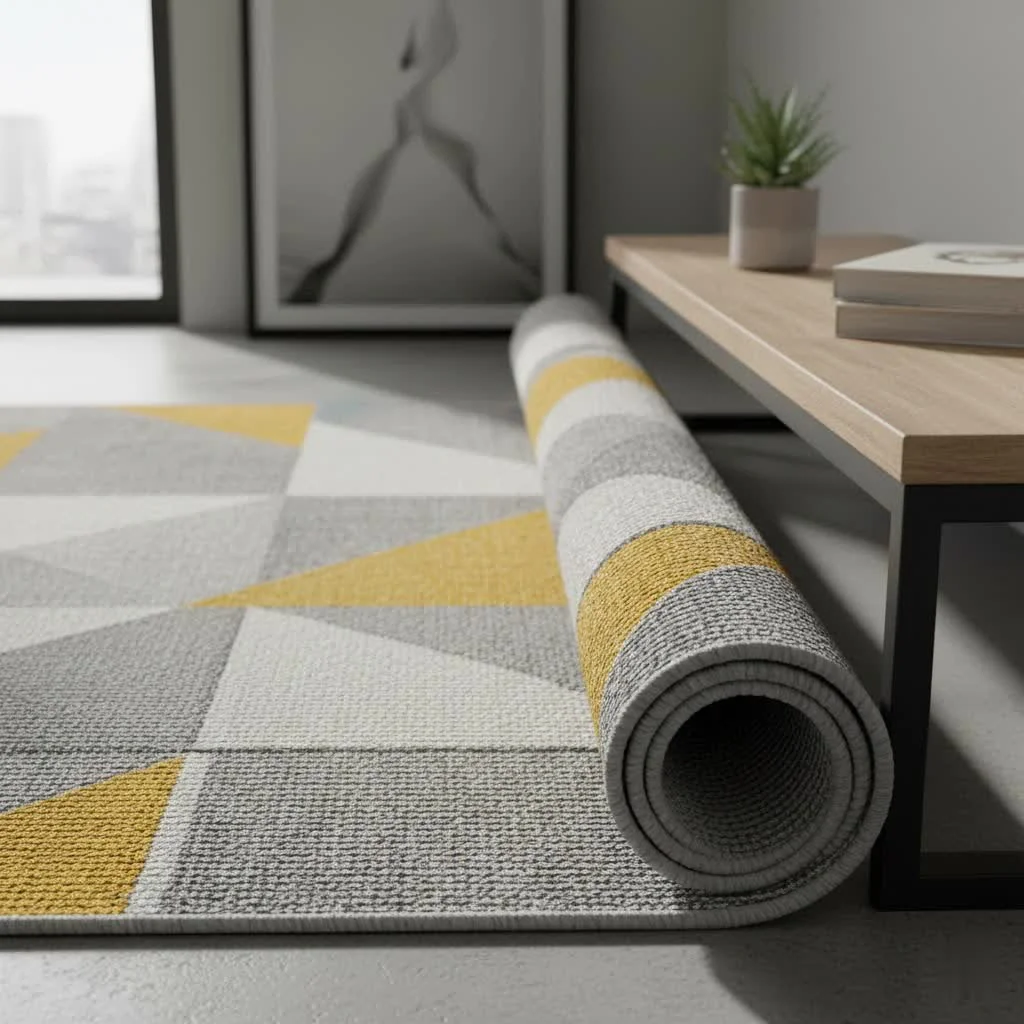 Green area rug in a modern living room